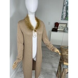 90s Tan Tie Front Duster Sweater Boa Neckline Size L